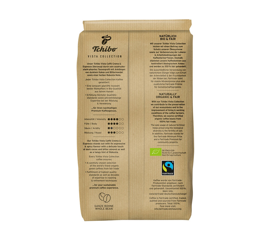 Eine Packung Tchibo Vista Collection Bio Caffé Crema & Espresso - 1x 1 kg Ganze Bohne.