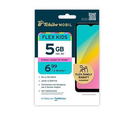 Tchibo Mobil Flex Kids-Tarif mit 5 GB für 6,99 € pro 4 Wochen neben einem Smartphone abgebildet.