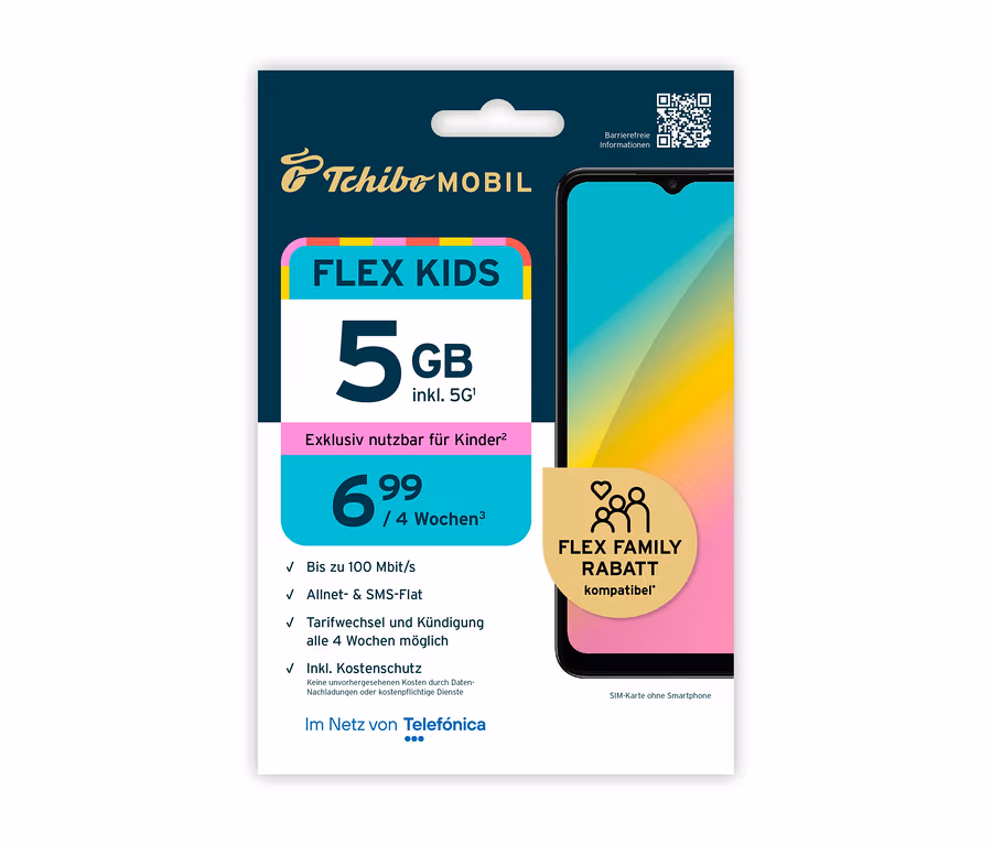 Tchibo Mobil Flex Kids-Tarif mit 5 GB für 6,99 € pro 4 Wochen neben einem Smartphone abgebildet.