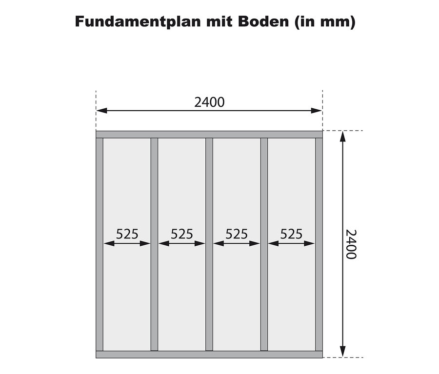 Fundamentplan für das Karibu Gerätehaus »Quentin 1« mit den Maßen 2400x2400 mm und vier internen Abschnitten von je 525 mm Breite, alle Angaben in mm.