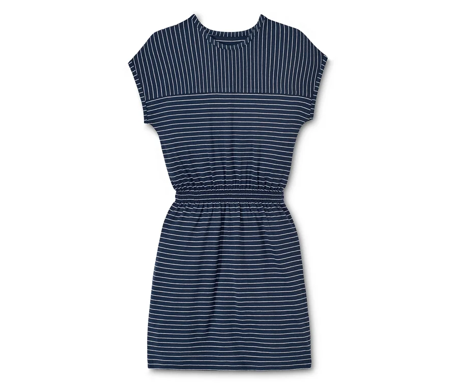 Blaues Jerseykleid mit weißen Streifen.