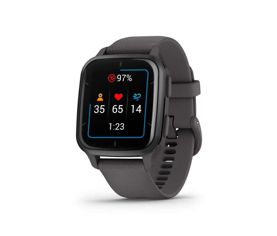 Detailaufnahme einer grauen Smartwatch mit schwarzem Rahmen, die Gesundheitsdaten auf dem Display anzeigt. GARMIN Venu SQ2, grau