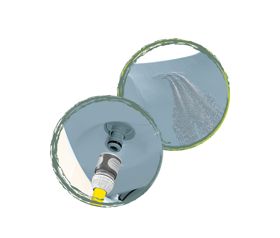 Nahaufnahme des Wasseranschlusses der Smoby Life Rutsche »GM«, mit gelbem Schlauch und Wasserstrahl.