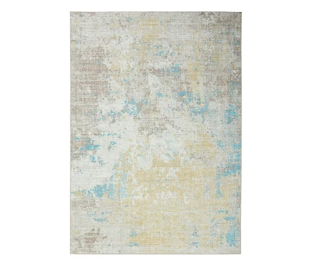 Rechteckiger benuta Teppich "Laury", ca. 80 x 150 cm, mit abstraktem Muster in Beige, Hellblau und Gelb.