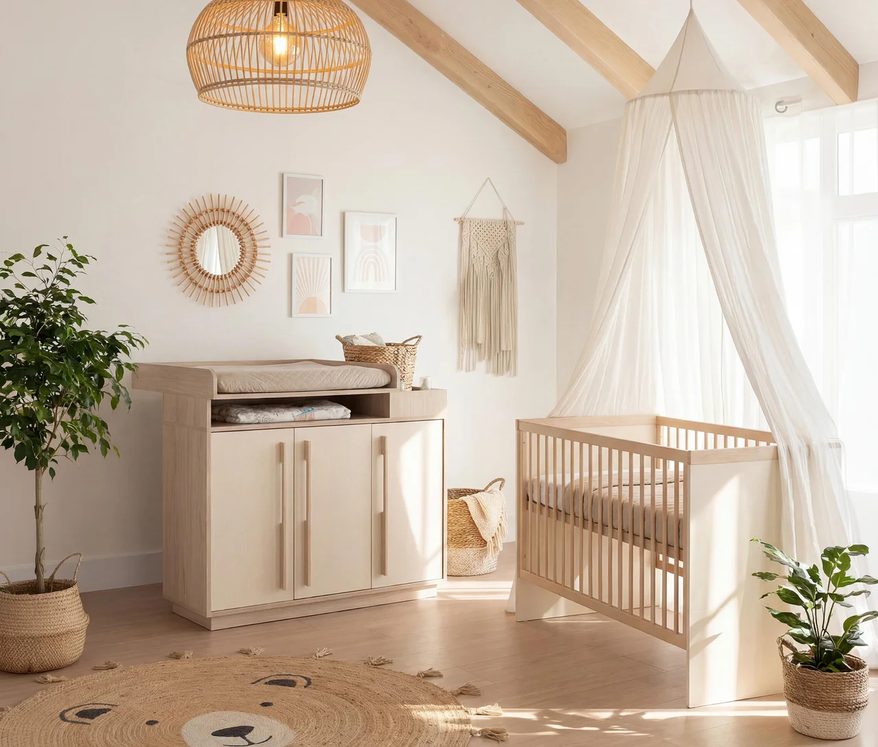 Helles Babyzimmer mit Holzboden, einem Gitterbett mit Baldachin, einer Wickelkommode, Pflanzen und einem runden Bären-Teppich.