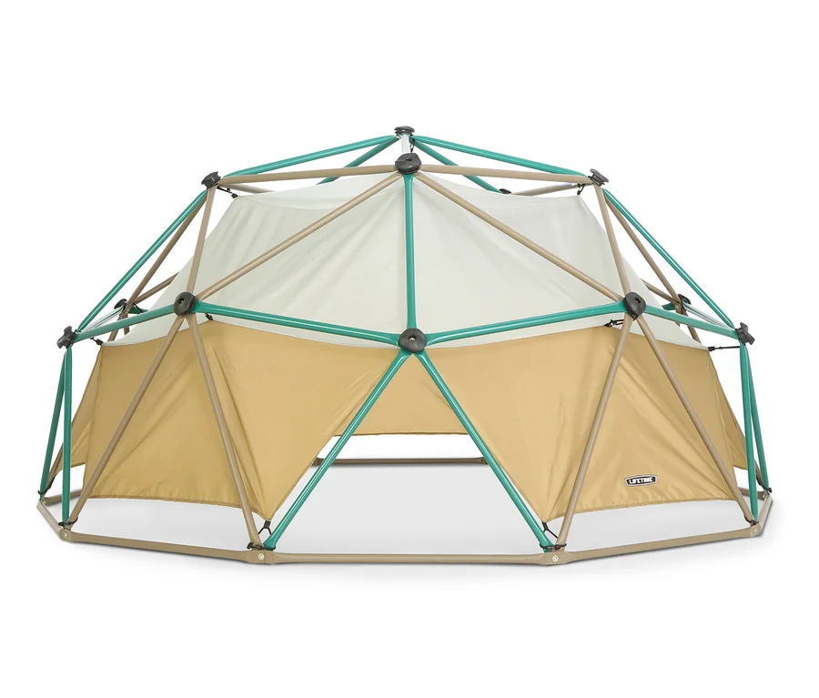Lifetime-Klettergerüst »Geodome« mit Zelt, bestehend aus beigen, türkisfarbenen und schwarzen Rohren, Zeltplane in Beige und Weiß.
