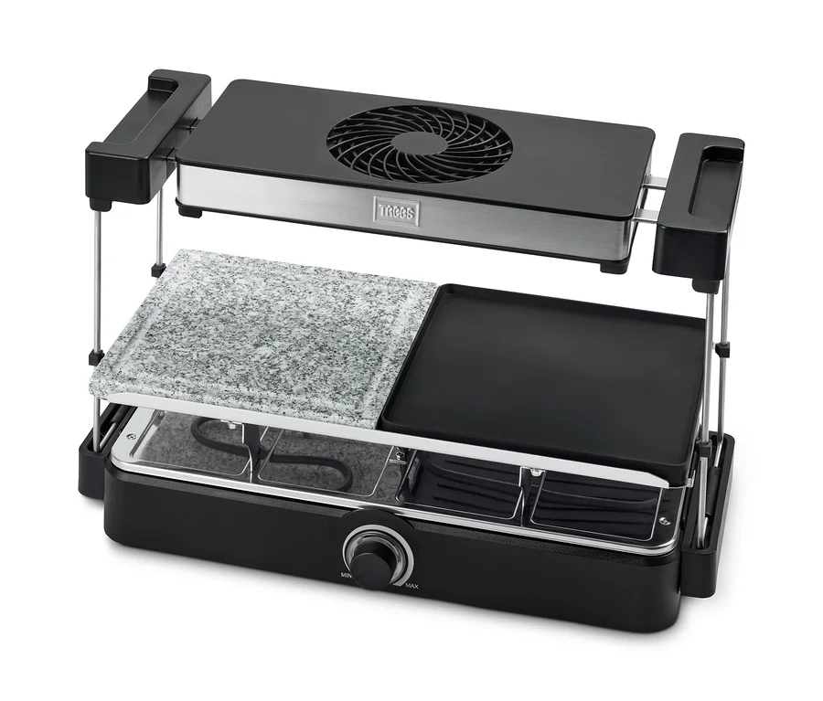 Detailansicht eines Trebs Raclette-Grills mit Dunstabzug und Steinplatte »15100«.