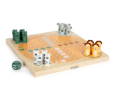Holz-Ludo »Safari«: Spielbrett mit Tierfiguren (Zebras, Löwen, Krokodile, Elefanten) und Würfel.