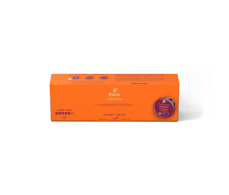 Orangefarbene Packung Cafissimo Flavoured Espresso Pumpkin Spiced mit 10 Kapseln und Intensität 5 von 6.