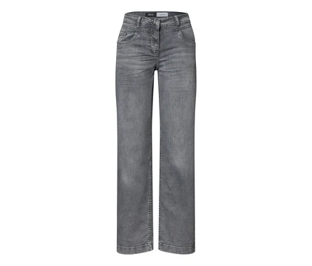 Graue CECIL Jeans mit weitem Bein, verwaschenem Look, Knopf- und Reißverschluss sowie Vordertaschen.