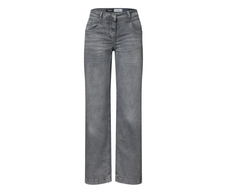 Graue CECIL Jeans mit weitem Bein, verwaschenem Look, Knopf- und Reißverschluss sowie Vordertaschen.
