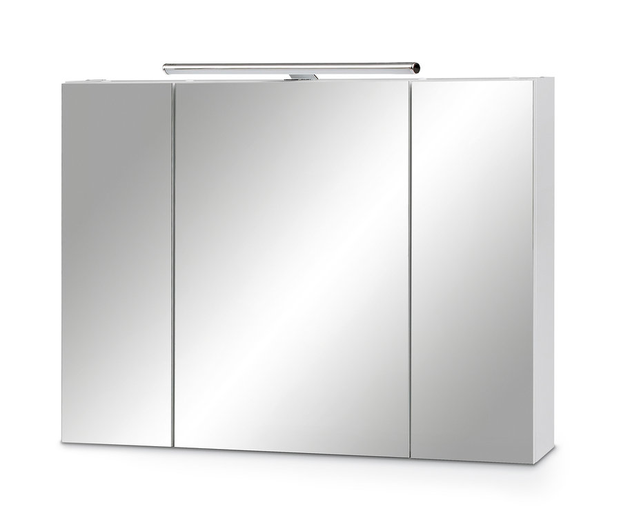 Weißglänzender Spiegelschrank »Runa SPS Irene 800.1« mit drei Spiegeltüren und Beleuchtung oben.