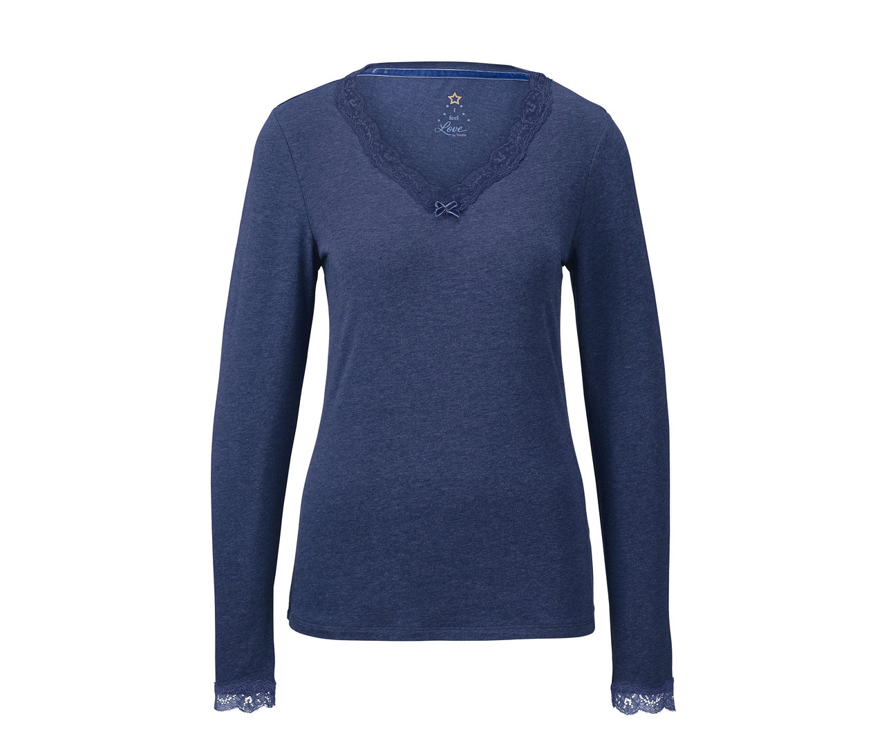 Blauer Pyjama mit langen Ärmeln und Spitze.