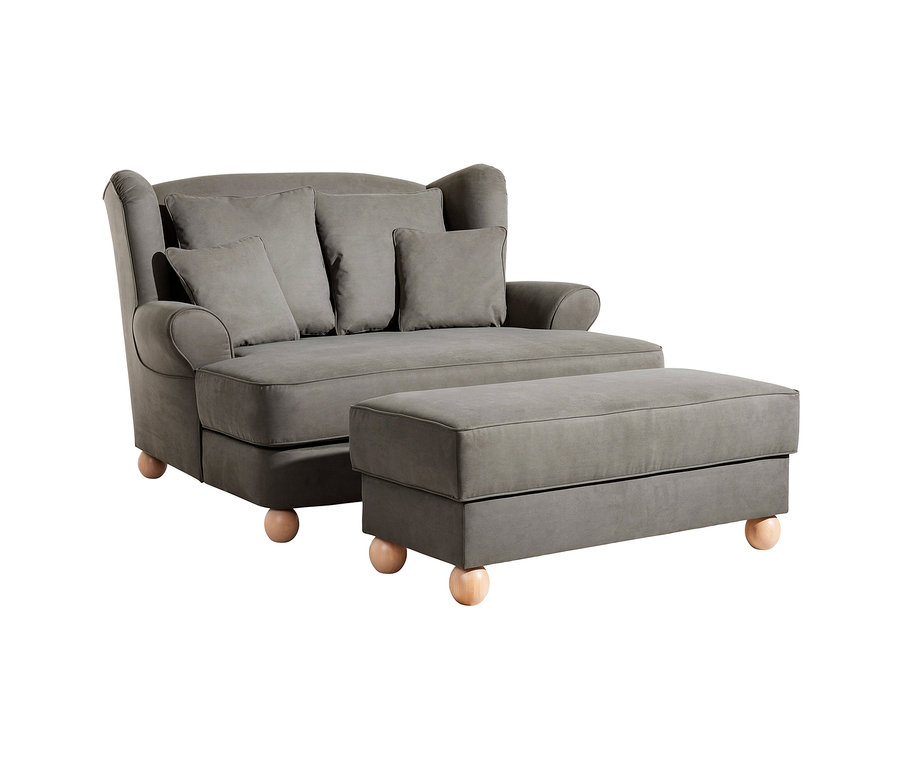 Graue Max Winzer® Polstermöbel, eine graue aufklappbare Hockerbank mit Stauraum und ein grauer XXL-Ohrensessel »Harvard«.