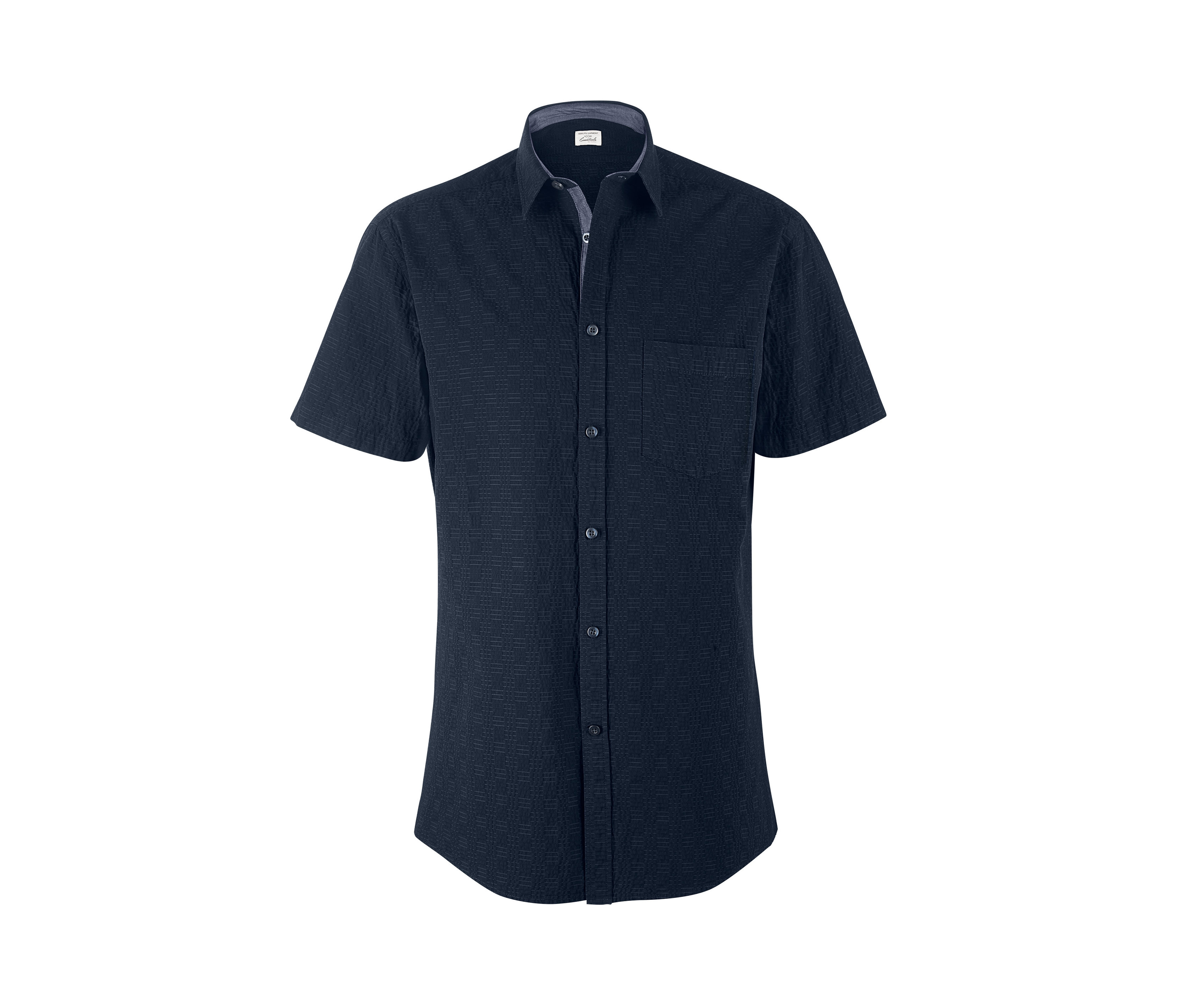 Dunkelblaues Seersucker-Hemd mit kurzen Ärmeln.