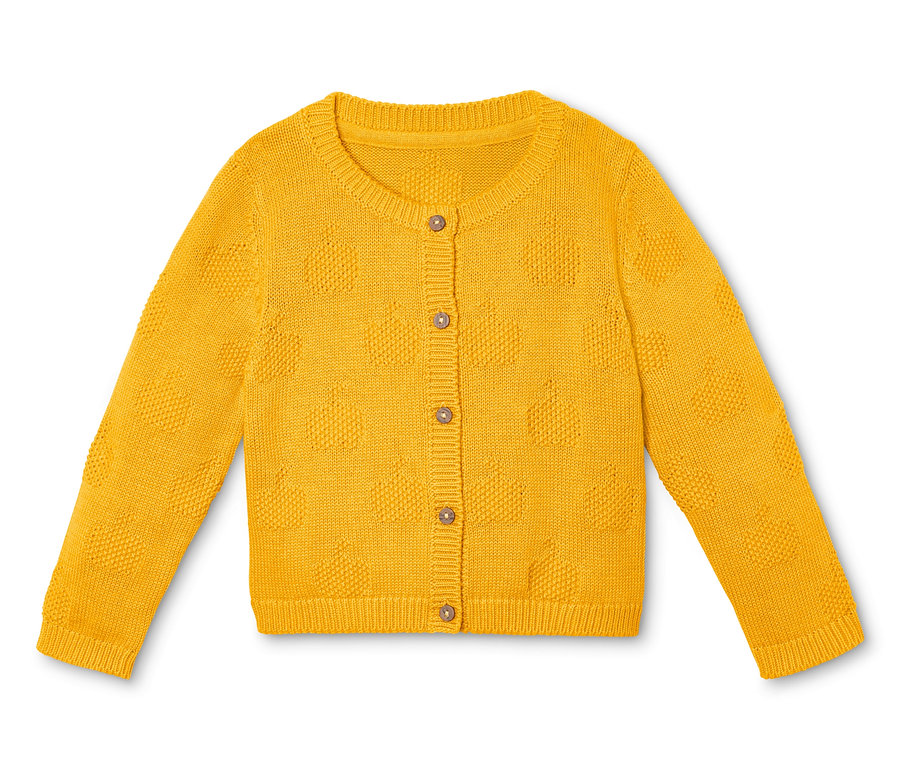 Gelbe Strickjacke mit Apfelmotiv.