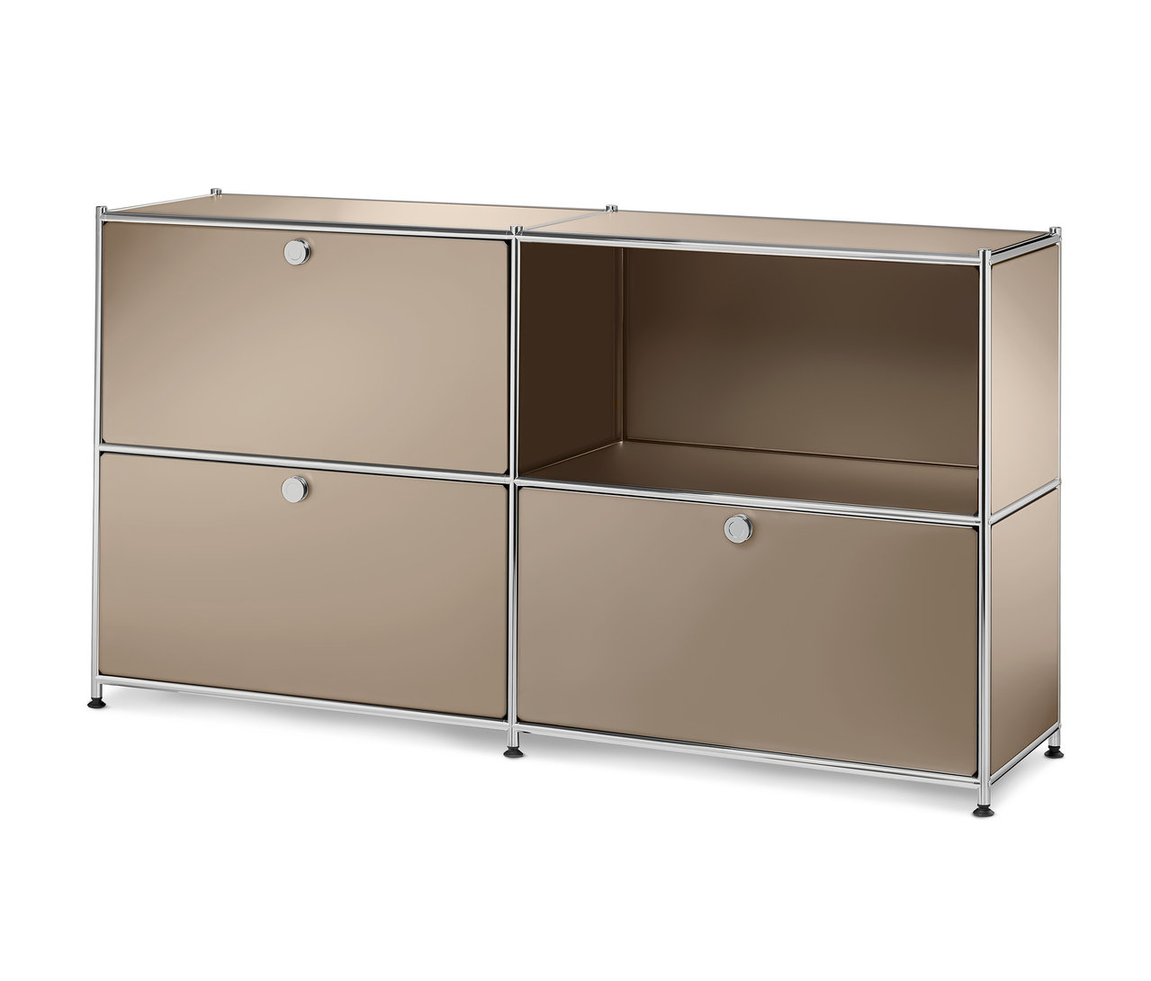 Vierteilige beige Kommode mit Metall-Ergänzungsklappenset.