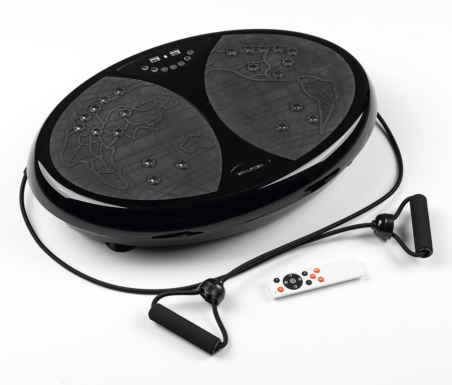 Schwarzer VITALmaxx Vibrationstrainer mit Fernbedienung und Trainingsbändern.