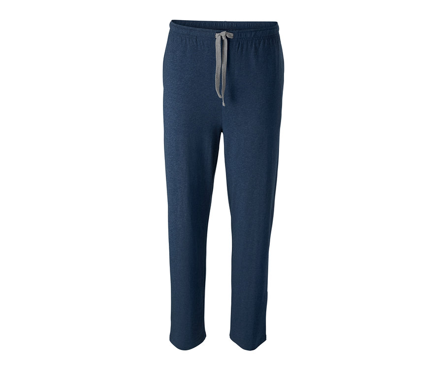 Eine marineblaue Pyjamahose mit grauem Kordelzug.
