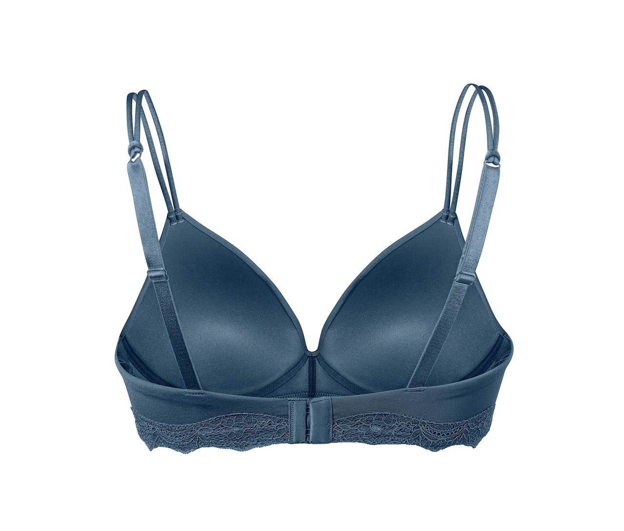 Detailansicht von hinten eines blauen Softschalen-BHs mit Spitze am Unterbrustband.
