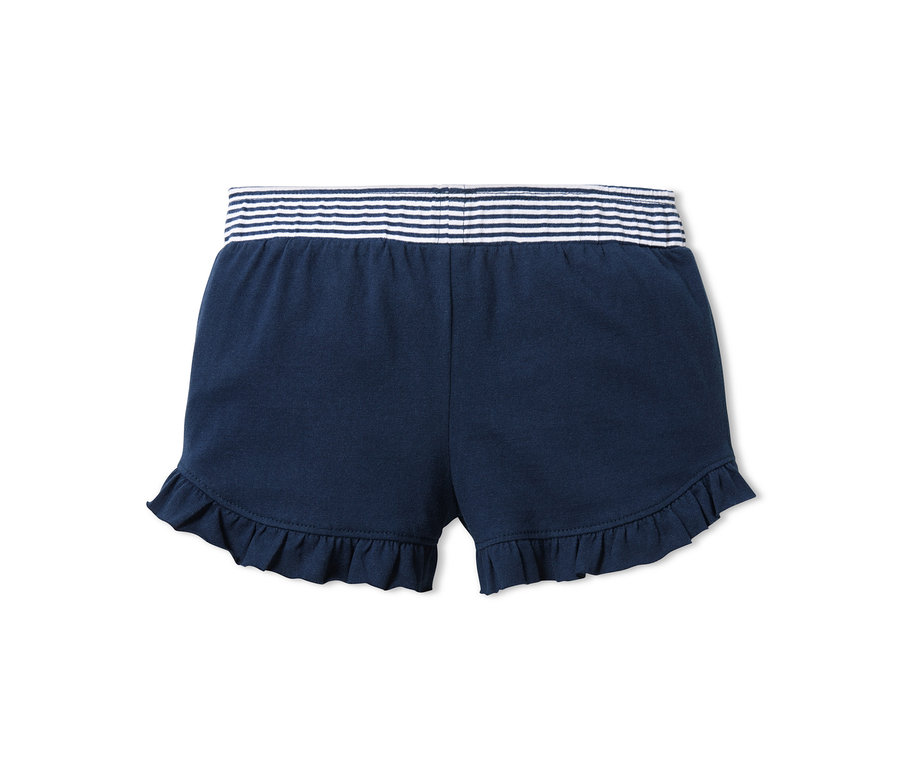 Marineblaue Jersey-Shorts mit weiß gestreiftem Bund und Rüschen am Saum.