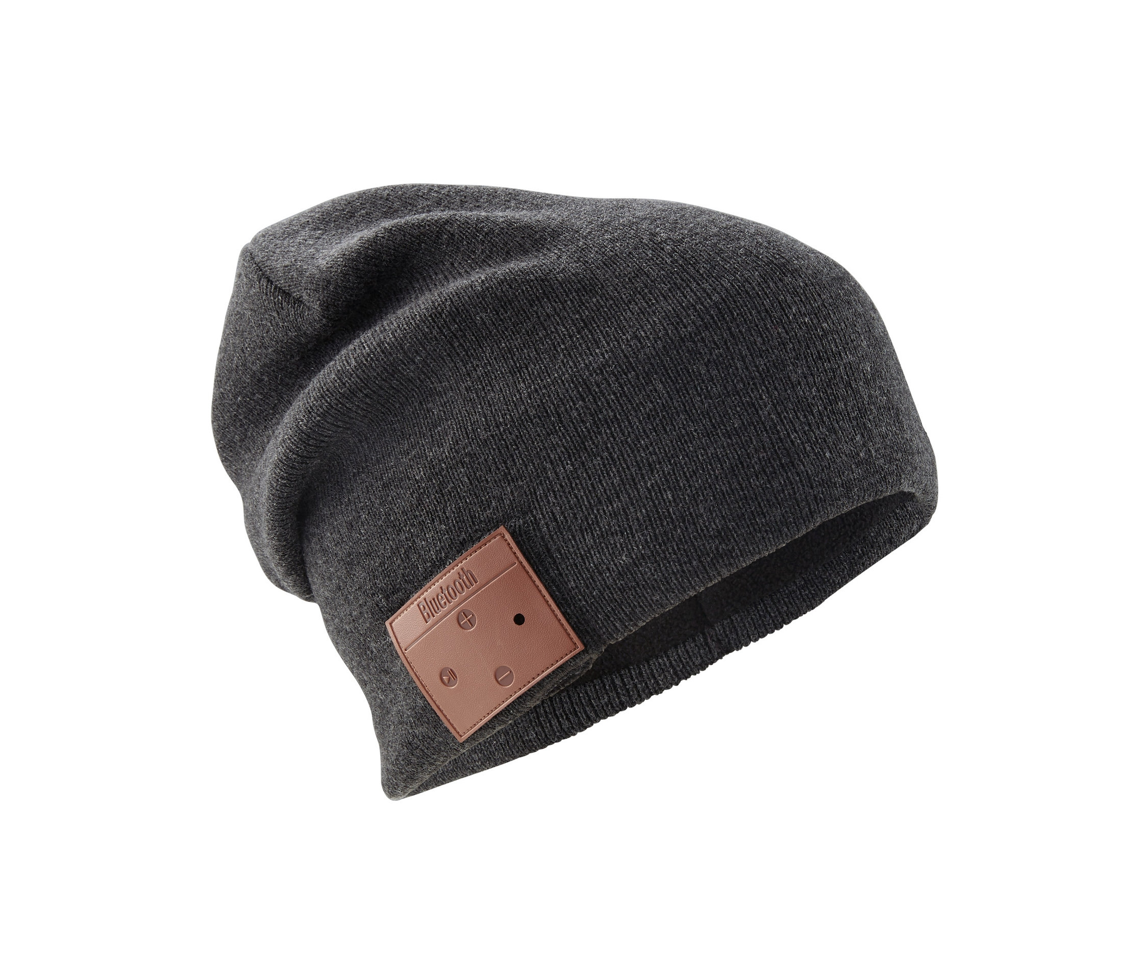 Nahaufnahme einer grauen Beanie-Mütze mit Kopfhörern und braunem Bluetooth-Panel.