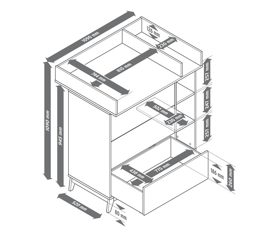Abmessungen einer Wickelkommode.