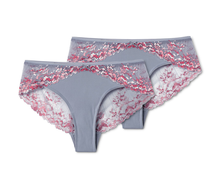 Zwei graue Brazilslips mit Spitze.