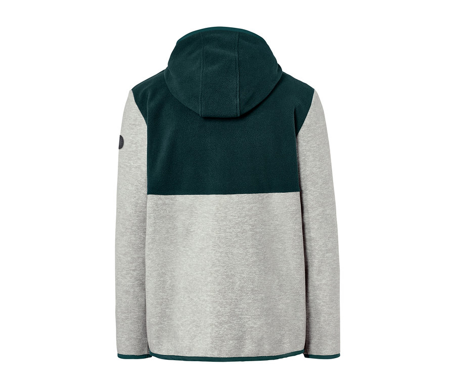 Rückansicht einer Fleecejacke mit grüner Kapuze und grauem Rumpf.