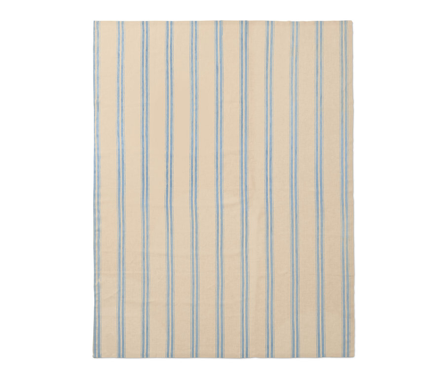 Beige Leinen-Tischdecke mit blauen Streifen.