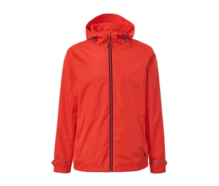 Orangefarbene Unisex-Regenjacke mit Kapuze und Reißverschluss.