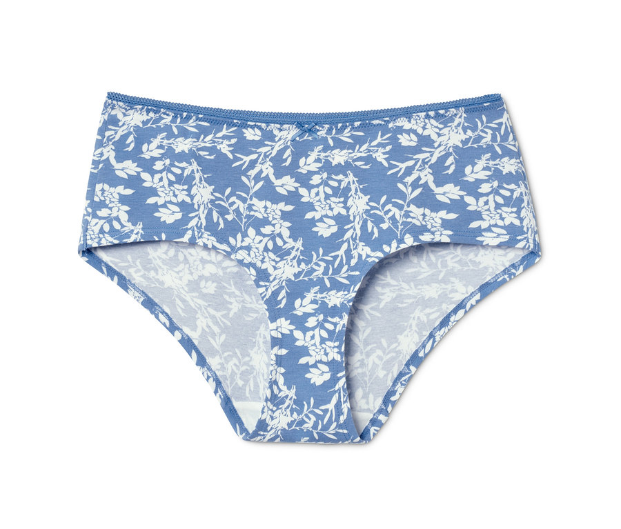 Ein blauer Slip mit weißem Blumenmuster, 1 von 5 Pantys.