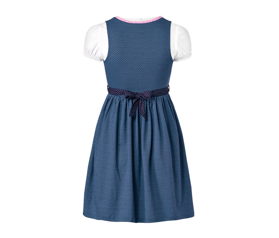 Blaues Stretch-Dirndl mit weißer Bluse und lila Schleife.