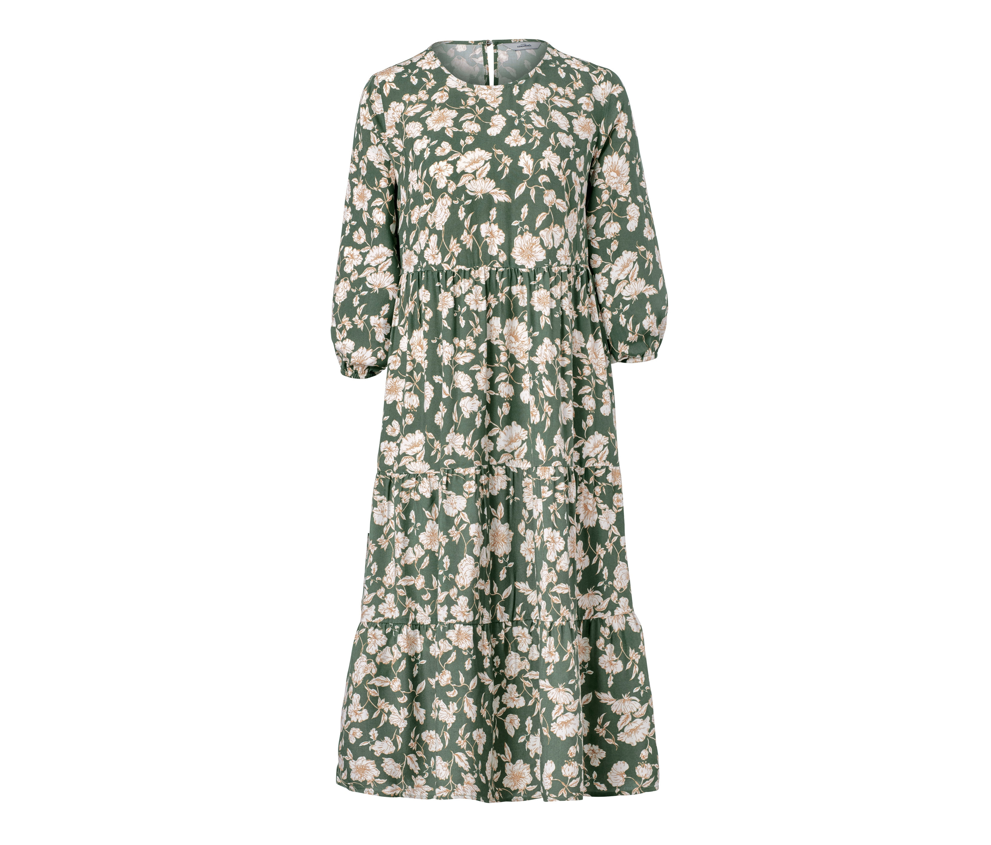 Ein grünes Midikleid mit Blumenmuster.
