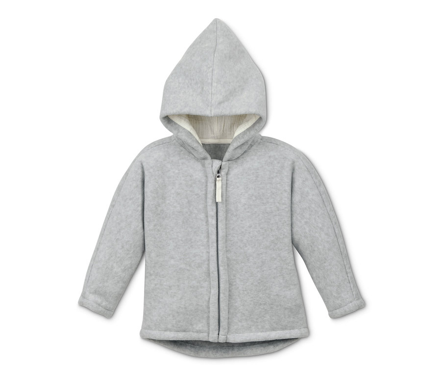 Graue Fleecejacke mit Kapuze und Reißverschluss. Fleecejacke mit recyceltem Material.