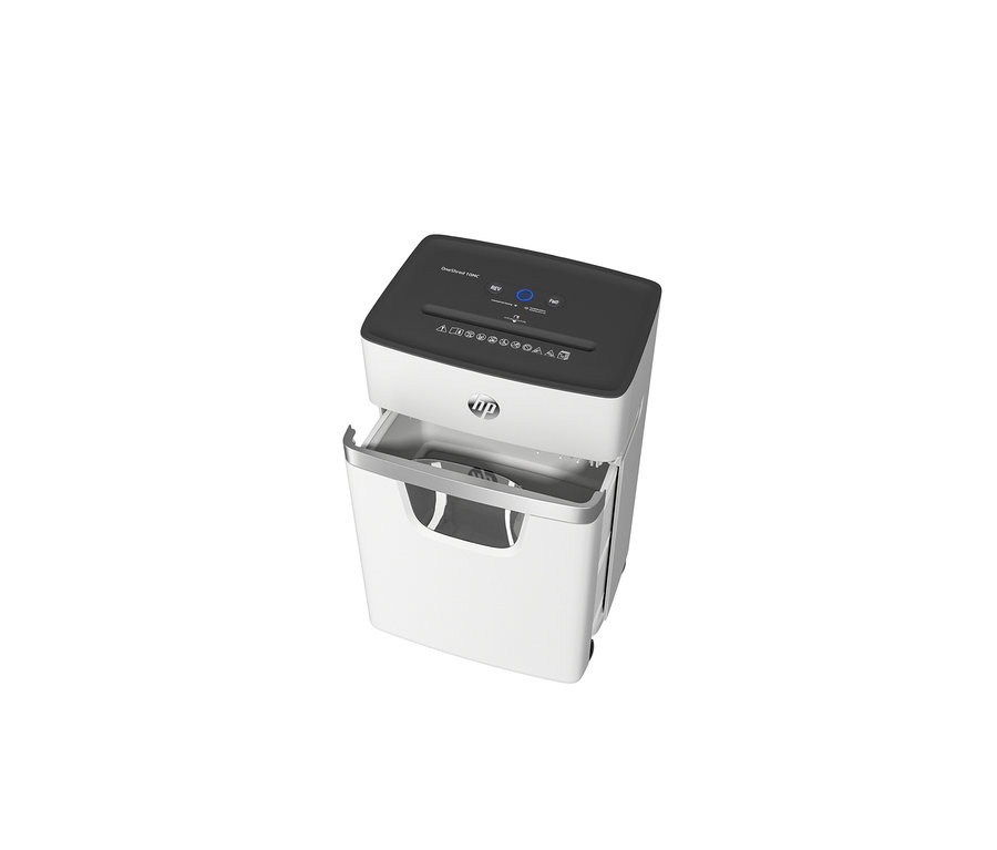 Detailansicht eines weißen HP OneShred 10MC Aktenvernichters mit schwarzer Oberseite und geöffnetem Behälter.