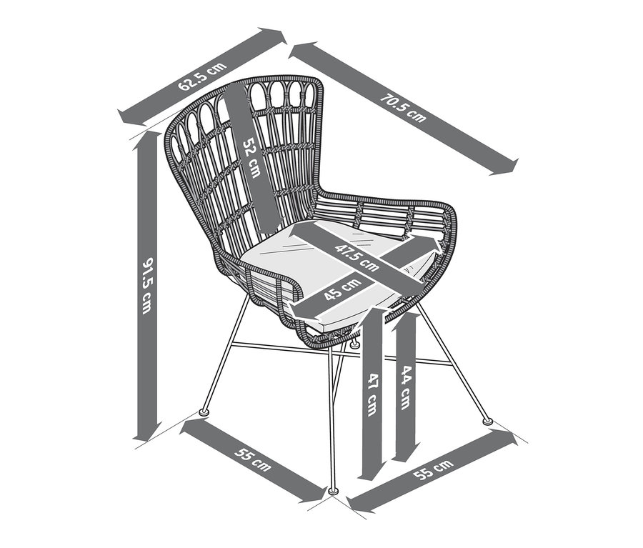 Abmessungen des Gartenstuhls mit Polyrattangeflecht.