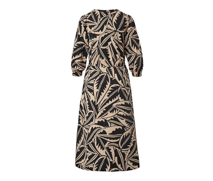 Langes Popeline-Kleid mit schwarzem Palmenblätter-Druck.