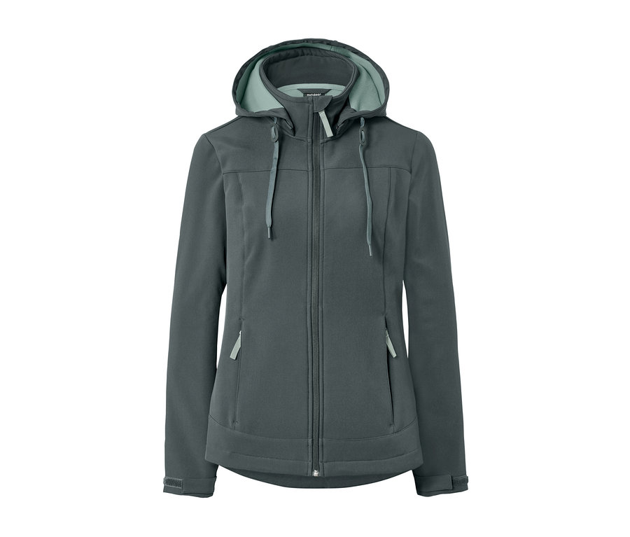 Dunkelgrüne Softshell-Jacke mit Kapuze.