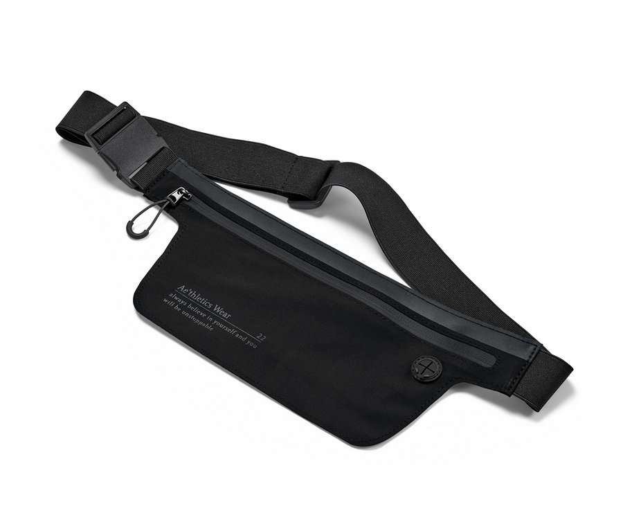 Schwarzer Laufgürtel für Smartphones mit verstellbarem Riemen.
