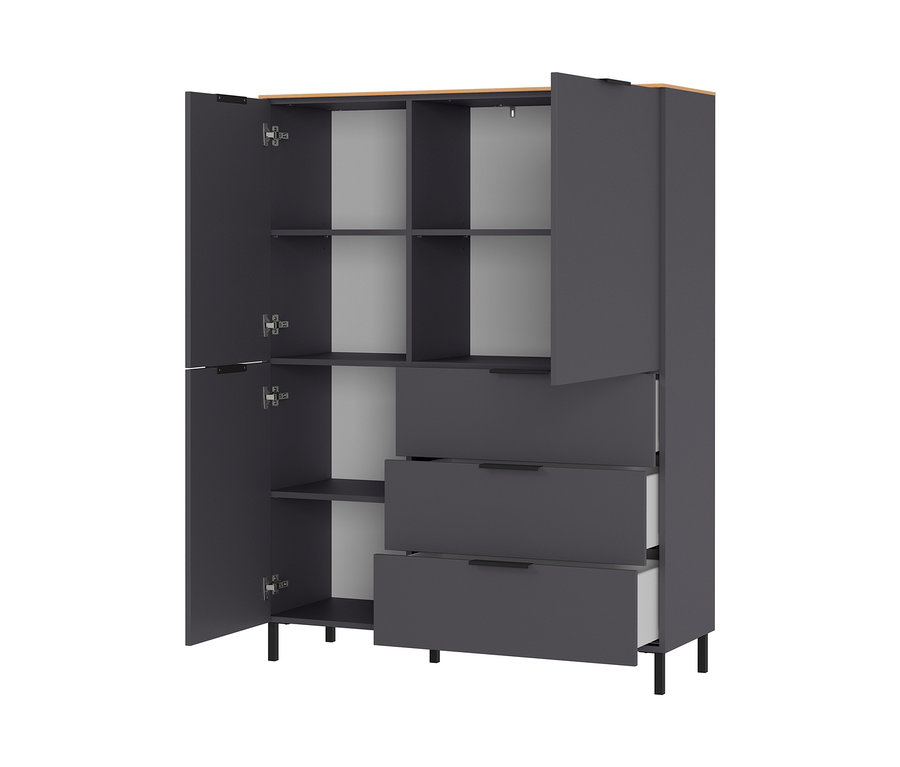 Geöffnetes, graphitfarbenes Highboard »CALIFORNIA« mit Regalen und Schubladen.