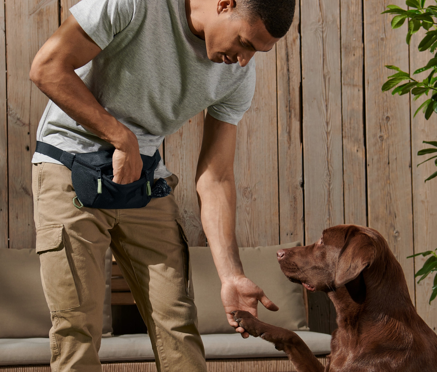 Mann gibt braunem Labrador die Pfote; er trägt eine Hunde-Gassitasche.