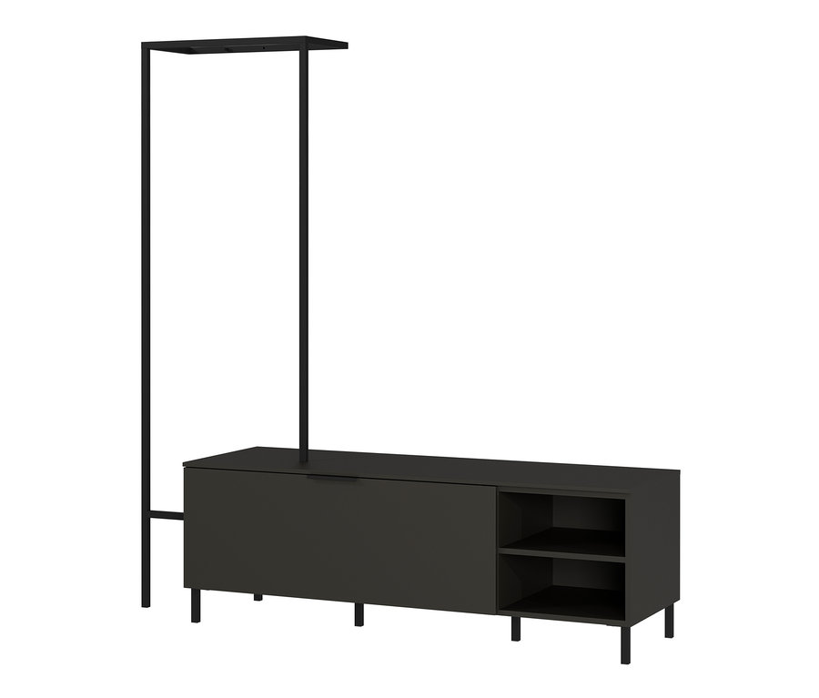 Graphitfarbene Garderobe mit Ablageflächen.