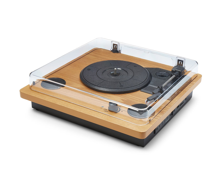 Detailansicht des Schallplattenspielers »Dual DTR 61« mit eingebauten Lautsprechern.