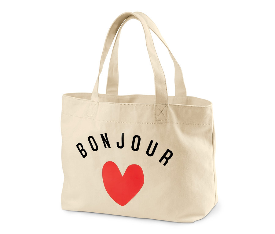 Cremefarbene Stofftasche mit schwarzem Bonjour-Aufdruck und rotem Herz darunter. Canvas-Shopper mit Print