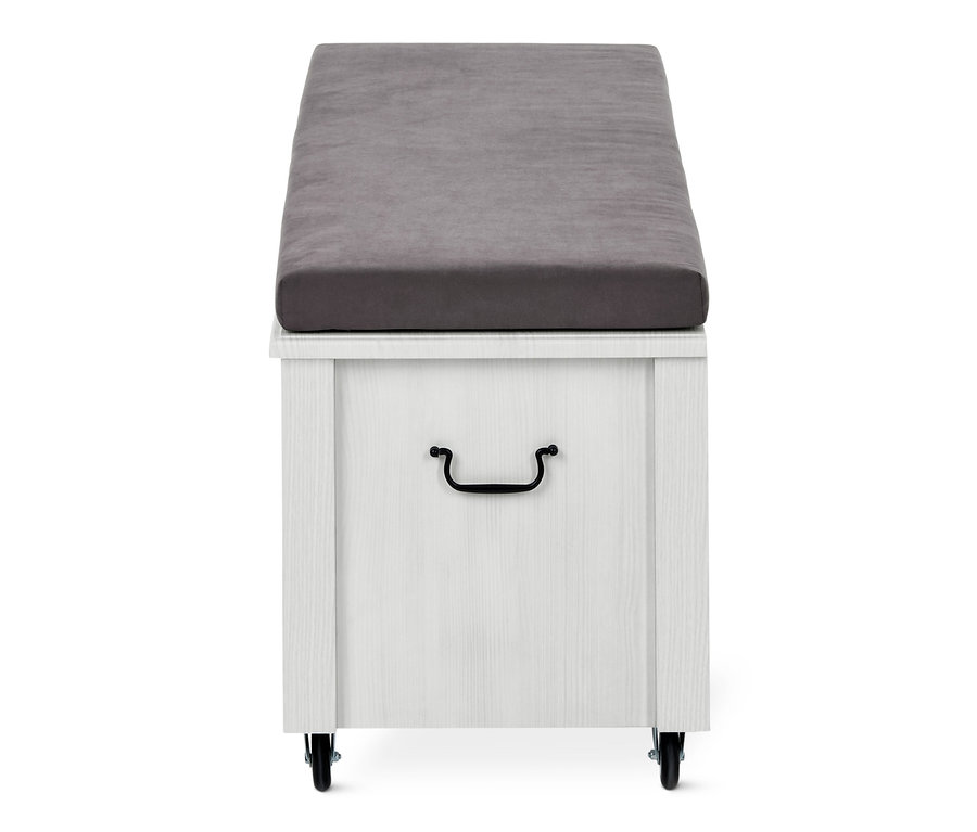 Sitzbank mit Truhenfunktion mit grauem Kissen und schwarzem Griff.