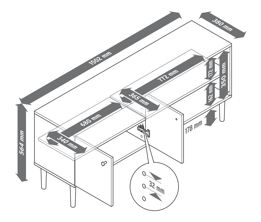 Illustration eines Lowboards mit 2 Türen und 2 offenen Fächern mit Bemaßung.