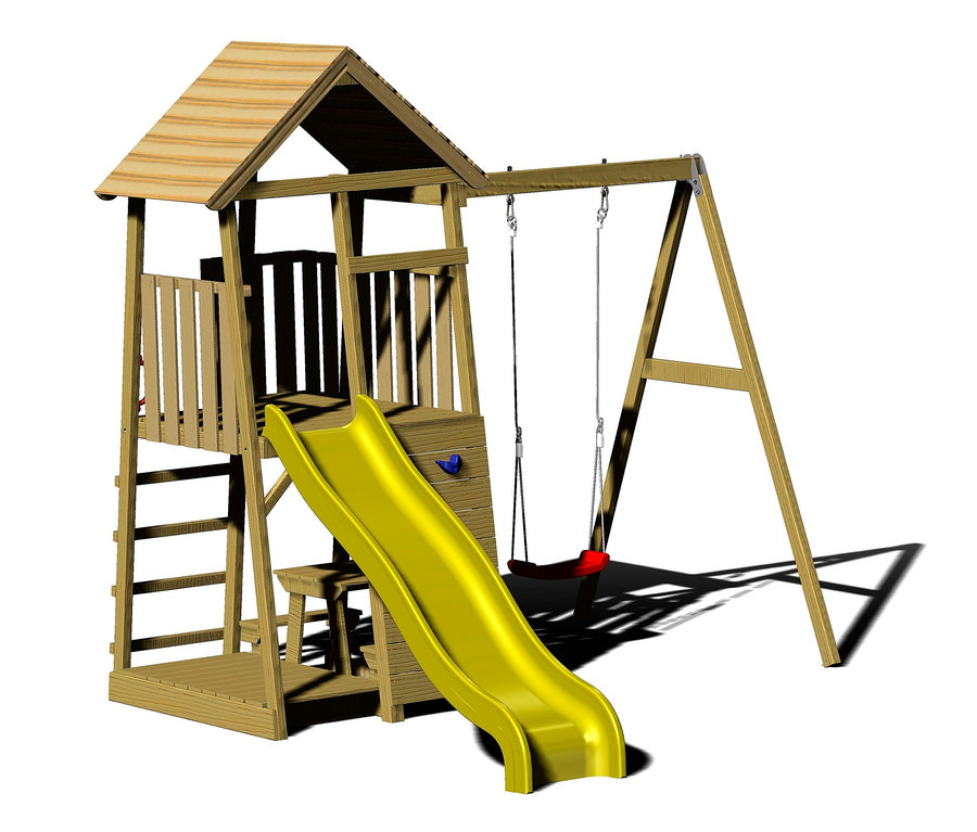 Gelb-brauner Wendi-Toys-Spielturm "Pelikan" Kinderspielplatz mit Schaukel und Rutsche.