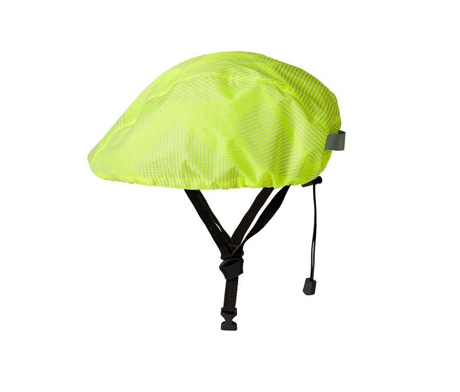 Fahrradhelm mit Fahrradhelm-Regenüberzug.