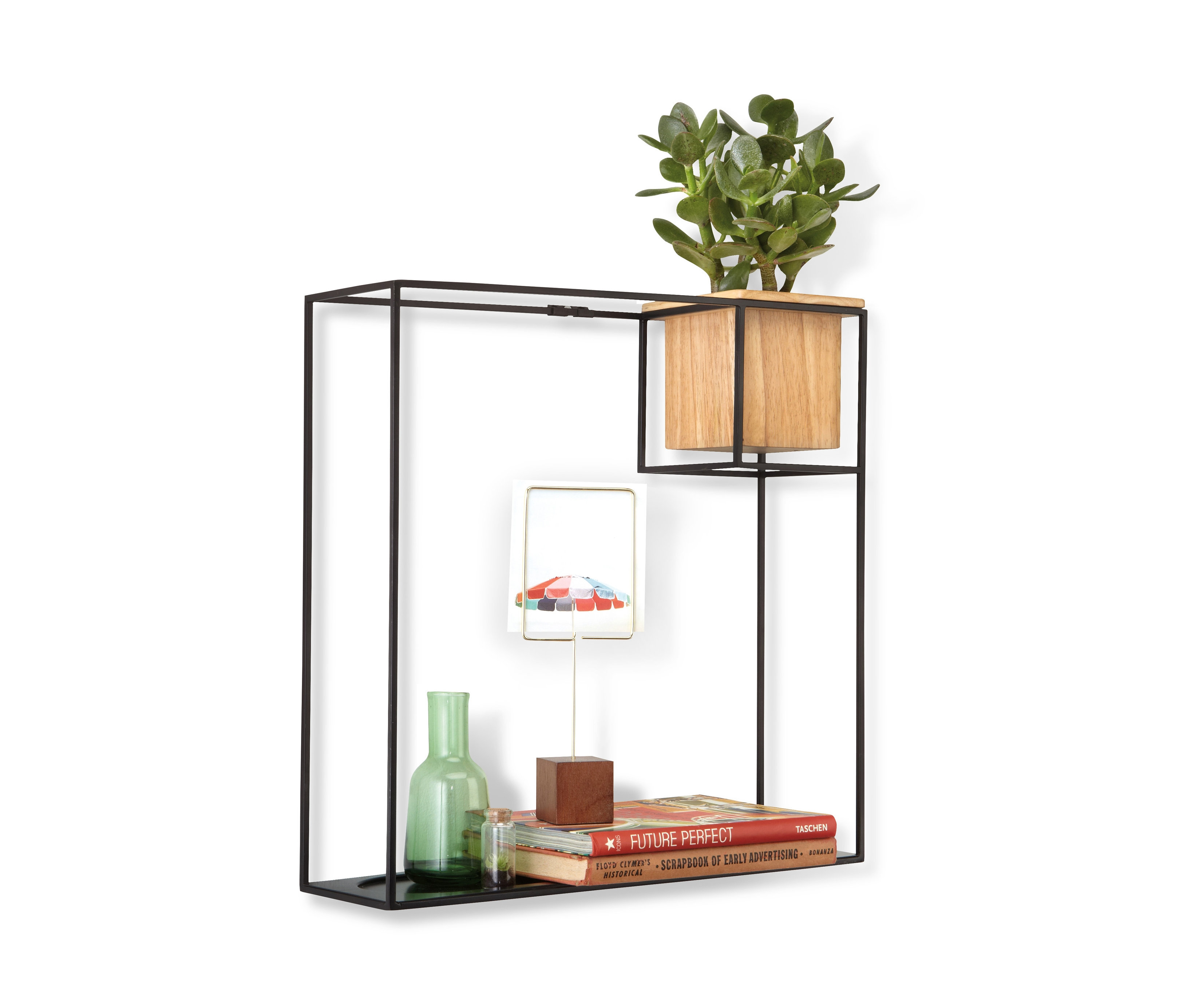 Schwarzes Wandregal mit Blumentopf, Büchern und Dekorationen.